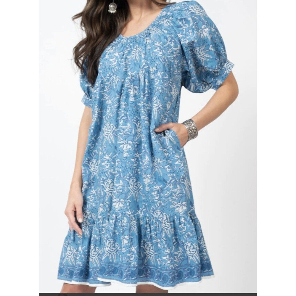 NWT XS Uncle Frank Boho Smocked Blue Dress Floating‎ Shift Dress